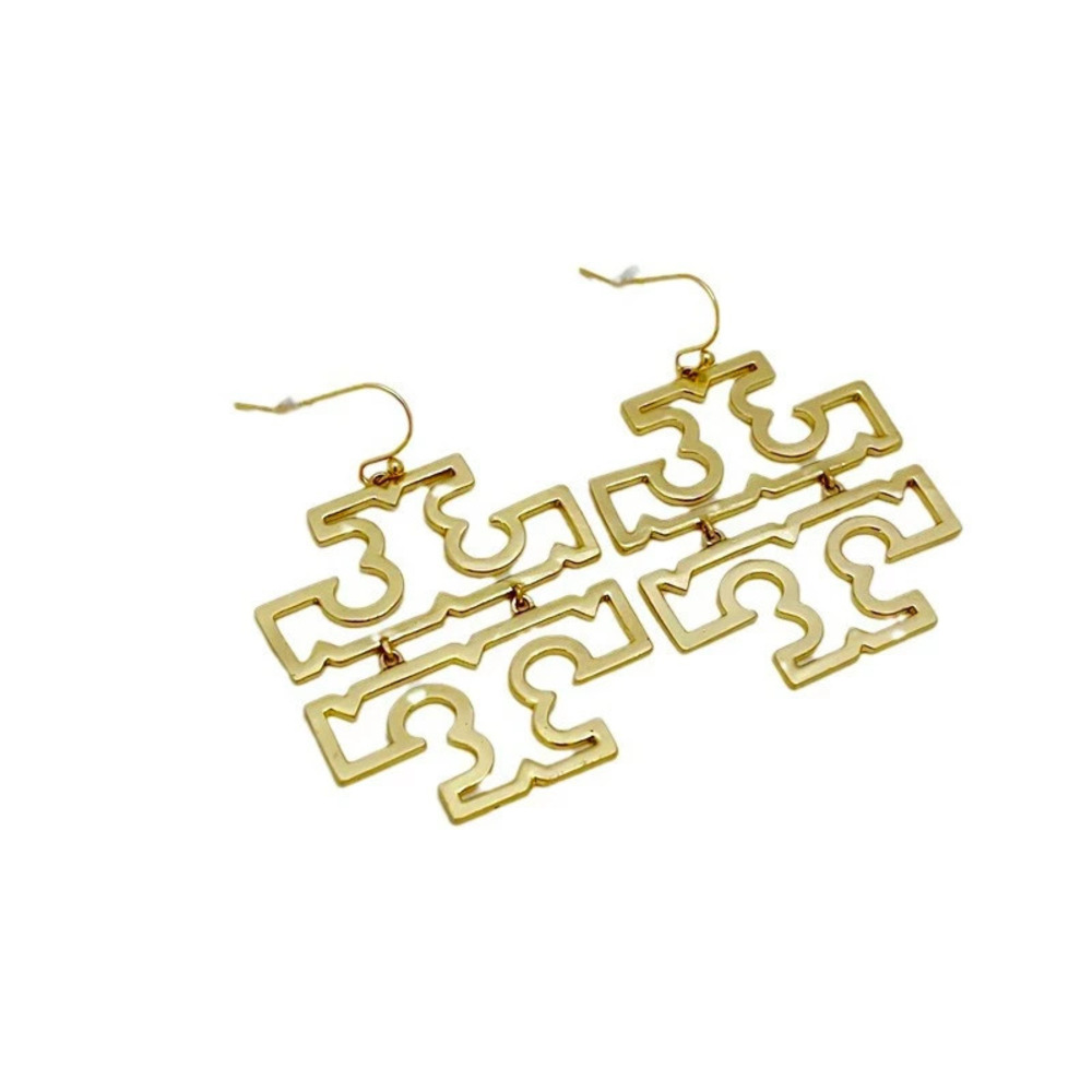 Tory Burch Gold Plated Double Cutout Ear Hook and Hoop Earrings Logo